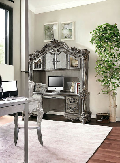 76" Platinum Solid Wood Peninsula Wall Mounted Computer Desk With Four Cabinets Five Drawers HomeRoots