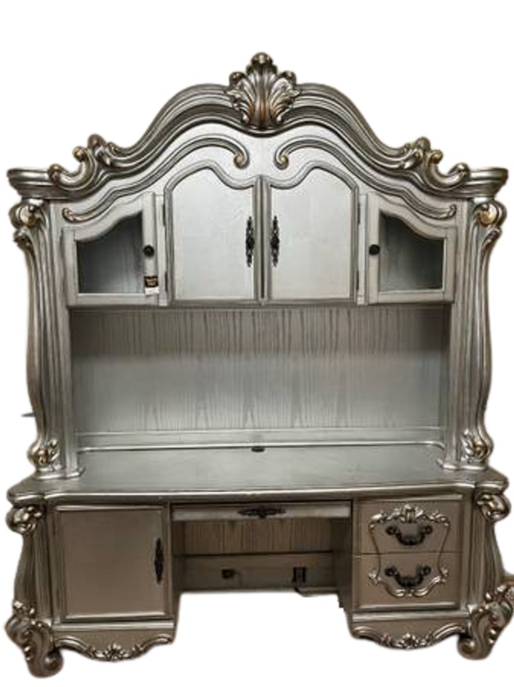 76" Platinum Solid Wood Peninsula Wall Mounted Computer Desk With Four Cabinets Five Drawers HomeRoots