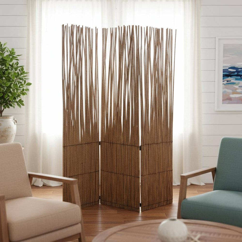 69" Brown Wood and Metal Folding Three Panel Screen Room Divider HomeRoots