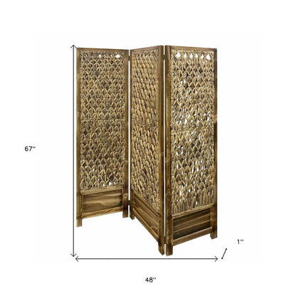 67" Brown Folding Three Panel Screen Room Divider HomeRoots