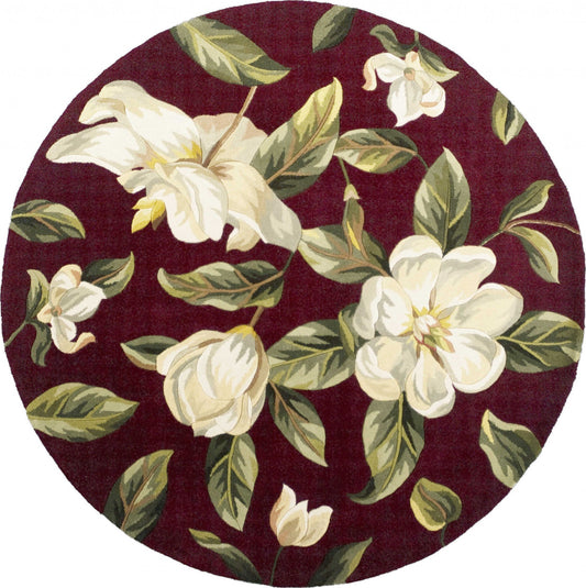 6' Red and Ivory Round Wool Floral Hand Tufted Area Rug