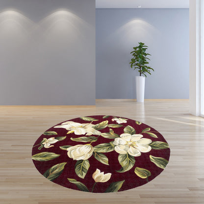 6' Red and Ivory Round Wool Floral Hand Tufted Area Rug