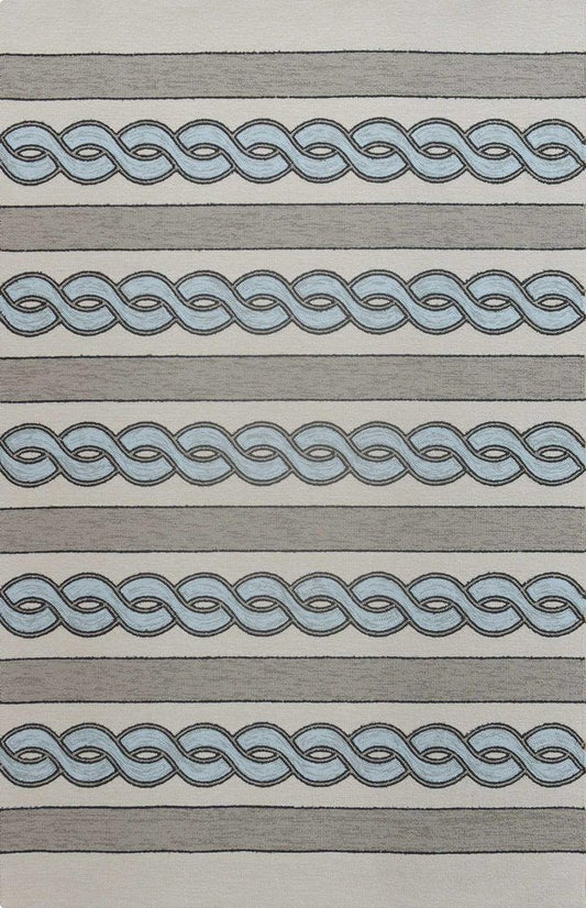 8' X 11' Ivory Light Blue And Gray Geometric Hand Hooked Area Rug