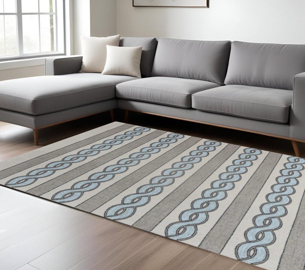 8' X 11' Ivory Light Blue And Gray Geometric Hand Hooked Area Rug — view 8