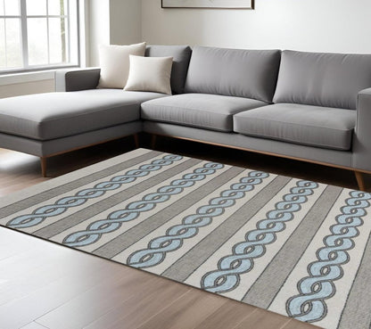 8' X 11' Ivory Light Blue And Gray Geometric Hand Hooked Area Rug HomeRoots