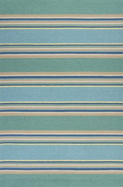 8'X10' Ocean Blue Hand Hooked Uv Treated Awning Stripes Indoor Outdoor Area Rug