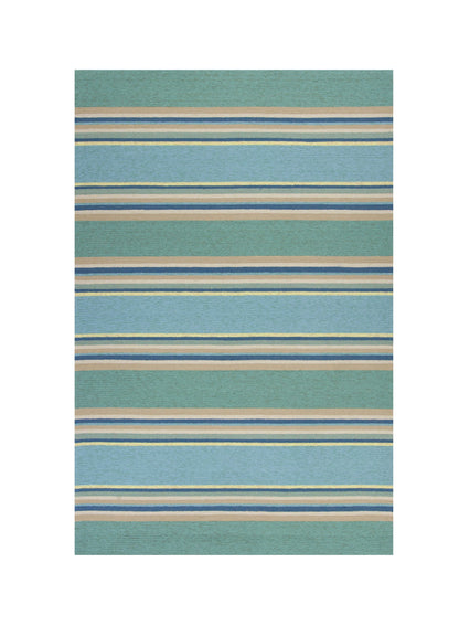 8'X10' Ocean Blue Hand Hooked Uv Treated Awning Stripes Indoor Outdoor Area Rug