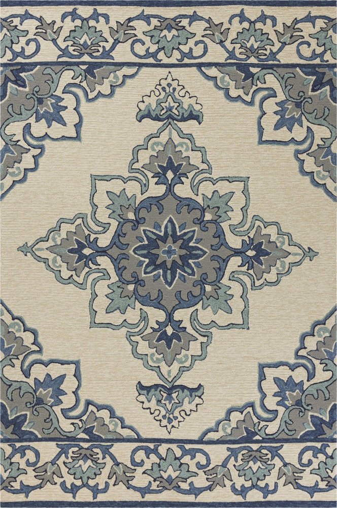 8' X 10' Ivory And Blue Damask Indoor Outdoor Area Rug — view 1