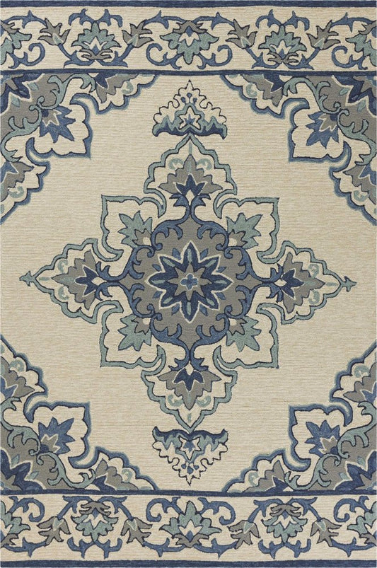 8' X 10' Ivory And Blue Damask Indoor Outdoor Area Rug