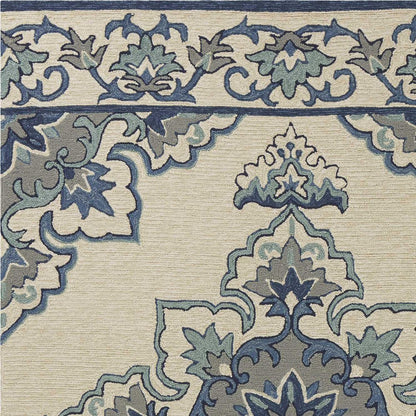 8' X 10' Ivory And Blue Damask Indoor Outdoor Area Rug HomeRoots