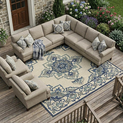 8' X 10' Ivory And Blue Damask Indoor Outdoor Area Rug HomeRoots