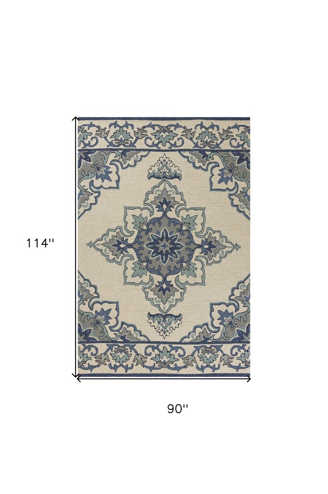 8' X 10' Ivory And Blue Damask Indoor Outdoor Area Rug HomeRoots