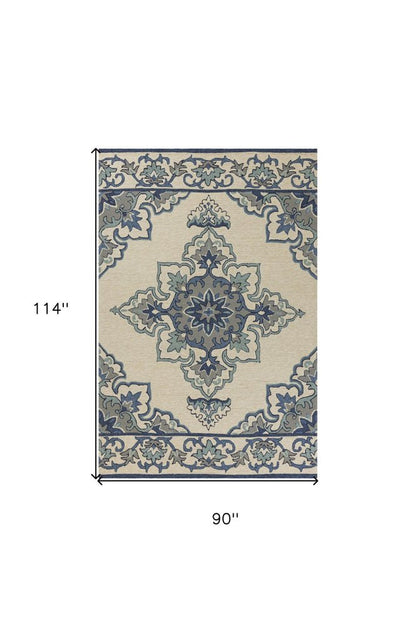 8' X 10' Ivory And Blue Damask Indoor Outdoor Area Rug HomeRoots