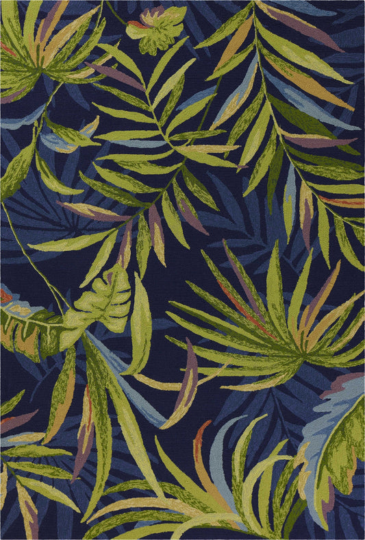 5' X 7' Ink Blue Tropical Leaves Uv Treated Indoor Outdoor Area Rug