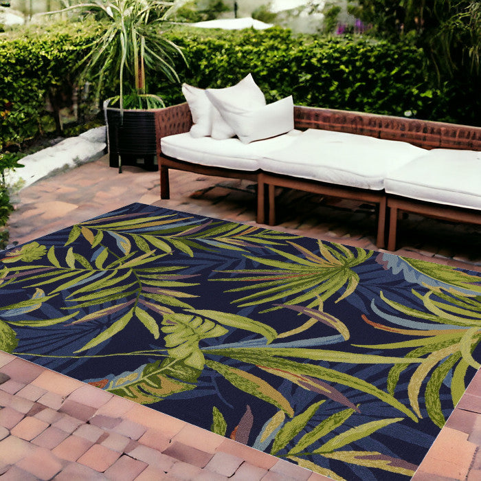 5' X 7' Ink Blue Tropical Leaves Uv Treated Indoor Outdoor Area Rug