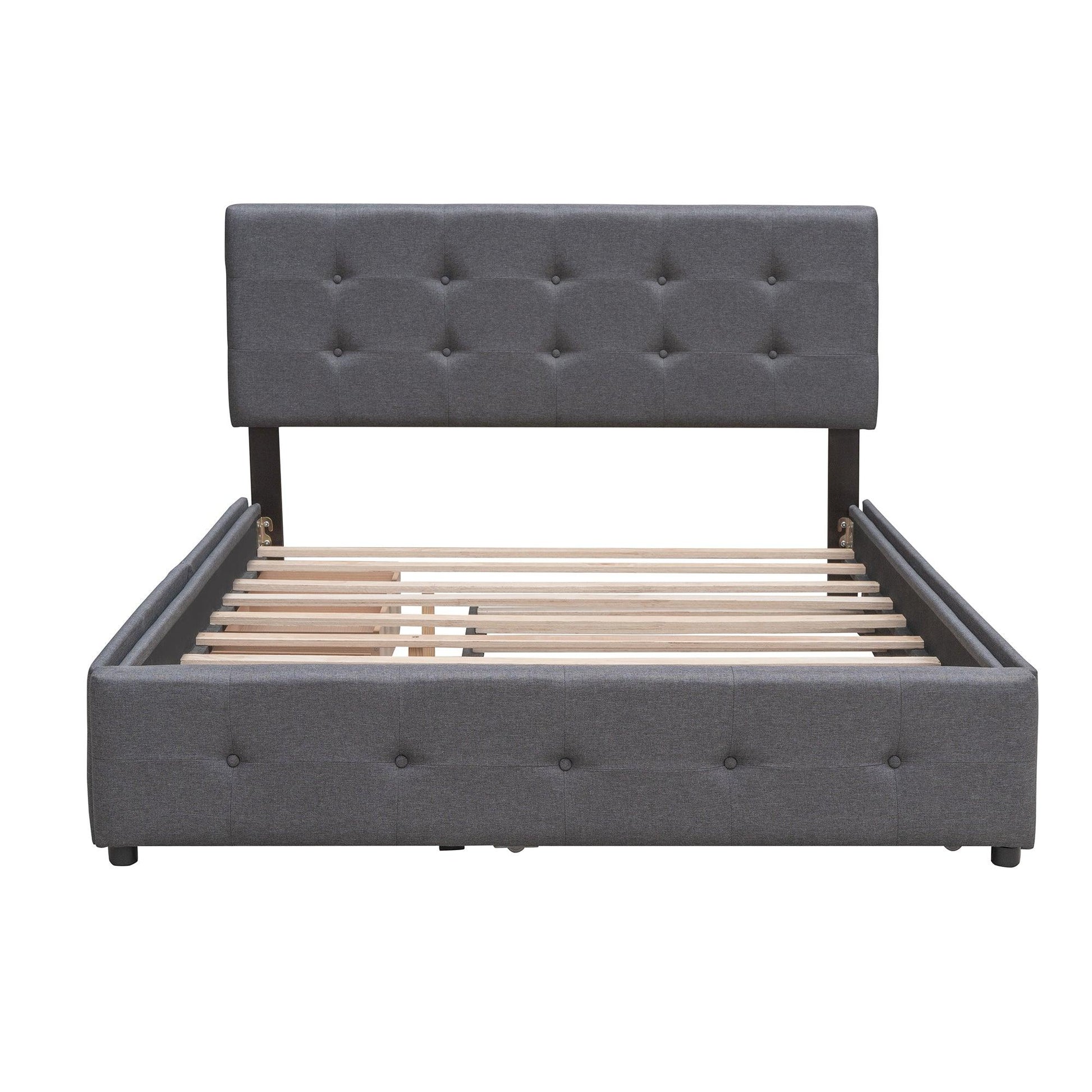 Upholstered Platform Bed with 2 Drawers and 1 Twin XL Trundle Linen Fabric Queen Size - Dark Gray - FurniFindUSA