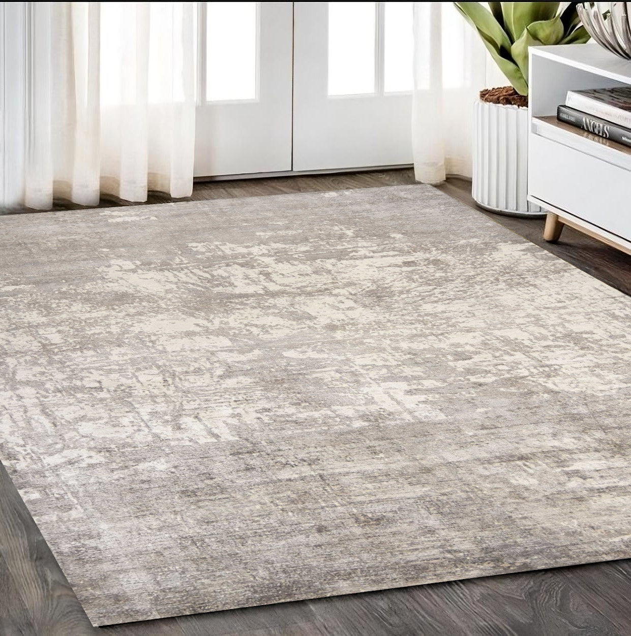 5' X 7' Beige Hand Loomed Abstract Brushstroke Indoor Area Rug