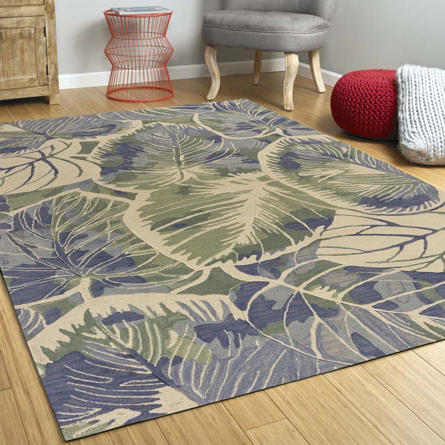 5' X 8' Blue Green Hand Tufted Caladium Indoor Area Rug