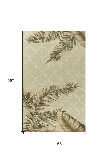 5'X8' Sage Green Hand Tufted Tropical Quatrefoil Indoor Area Rug