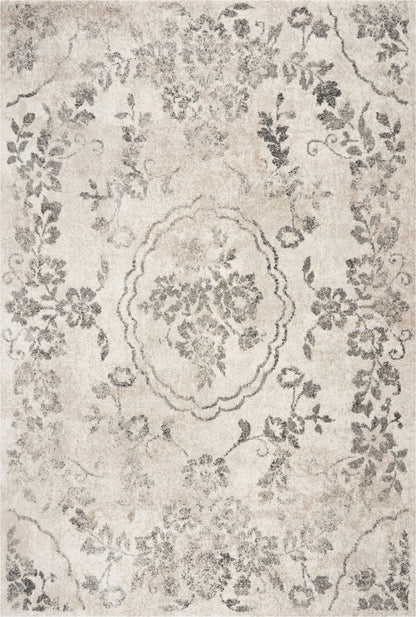 5'X8' Grey Machine Woven Distressed Floral Medallion Indoor Area Rug