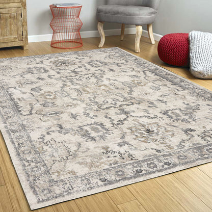 8'X10' Ivory Machine Woven Distressed Floral Traditional Indoor Area Rug