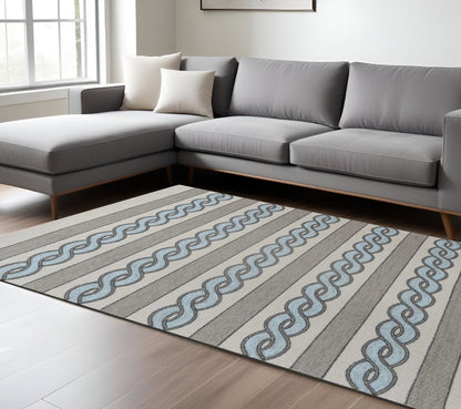 8' X 11' Ivory Light Blue And Gray Geometric Hand Hooked Area Rug HomeRoots