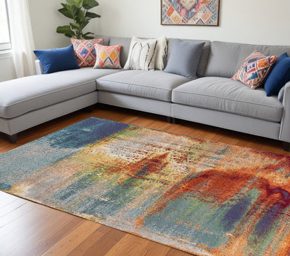 10' X 13' Blue Rust Orange Machine Woven Abstract Brushstrokes Indoor Area Rug - 24.0" (L) x 35.5" (W) x 1.0" (H)