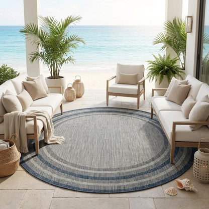 8' Blue And Gray Round Striped Indoor Outdoor Area Rug HomeRoots