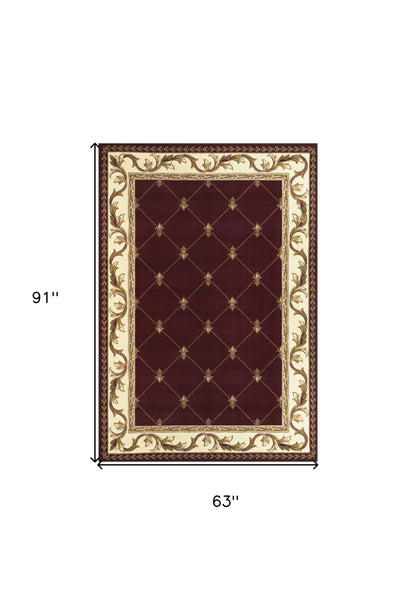 5' X 8' Red Fleur De Lis Diamond Bordered Indoor Area Rug