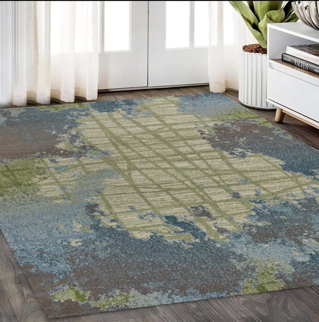 8' X 11' Green Blue Machine Woven Abstract Indoor Area Rug