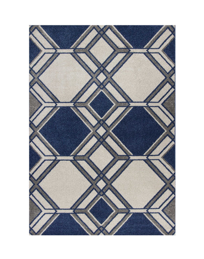 7' x 10' Ivory and Blue Geometric Indoor Outdoor Area Rug