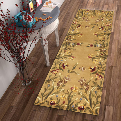 8' Golden Yellow Wool Floral Hand Tufted Runner Rug