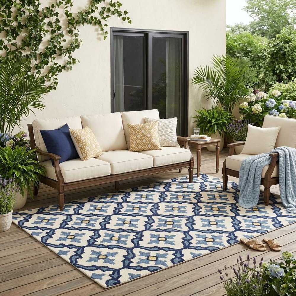 5' X 8' Ivory And Blue Moroccan Indoor Outdoor Area Rug — view 8