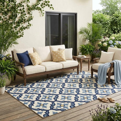 5' X 8' Ivory And Blue Moroccan Indoor Outdoor Area Rug HomeRoots