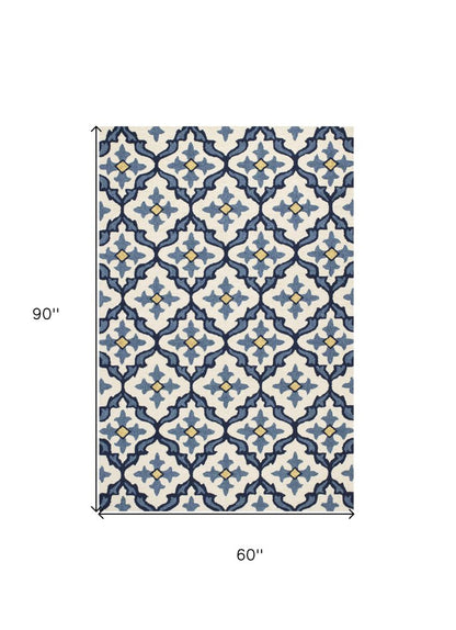 5' X 8' Ivory And Blue Moroccan Indoor Outdoor Area Rug HomeRoots