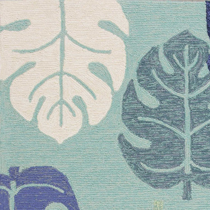 5'X8' Turquoise Blue Hand Hooked Uv Treated Tropical Leaves Indoor Outdoor Area Rug