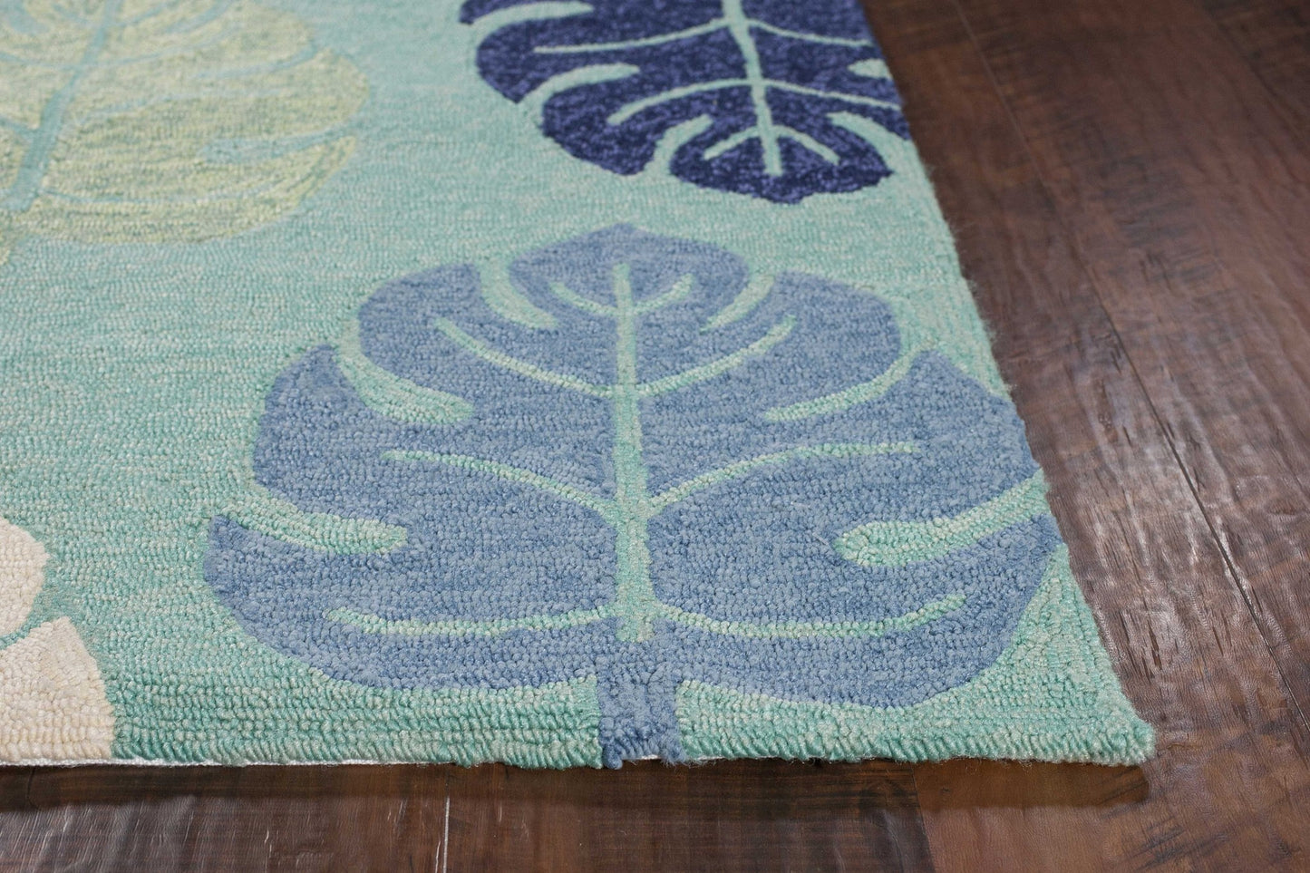 5'X8' Turquoise Blue Hand Hooked Uv Treated Tropical Leaves Indoor Outdoor Area Rug