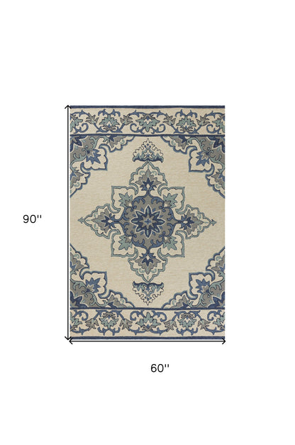 8'X10' Ivory Blue Hand Hooked Uv Treated Floral Medallion Indoor Outdoor Area Rug