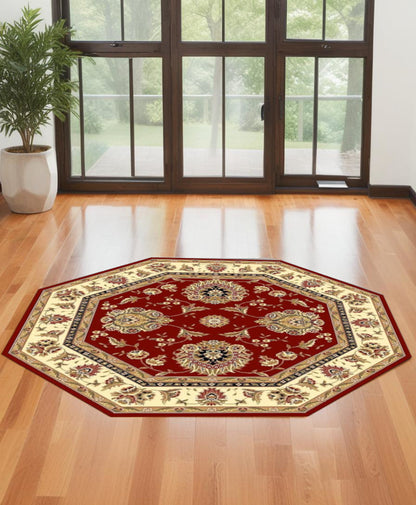 Red And Ivory Octagon Floral Vines Area Rug