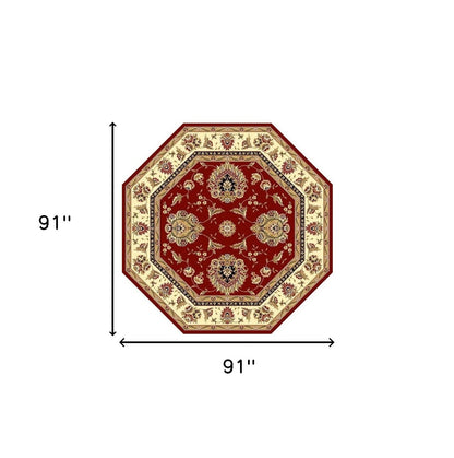 Red And Ivory Octagon Floral Vines Area Rug