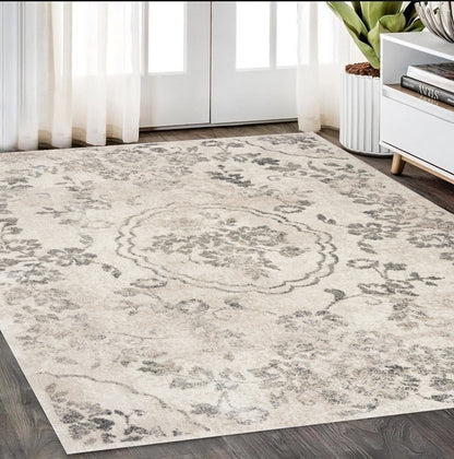 5'X8' Grey Machine Woven Distressed Floral Medallion Indoor Area Rug