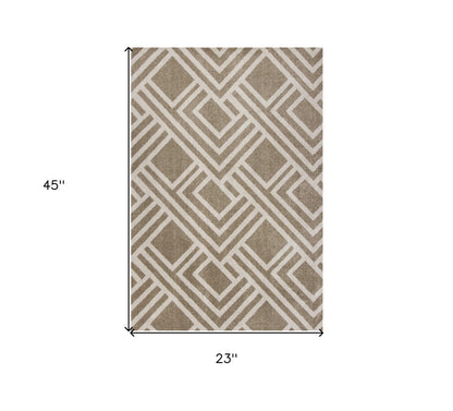 2'X4' Beige Machine Woven Uv Treated Geometric Indoor Outdoor Accent Rug