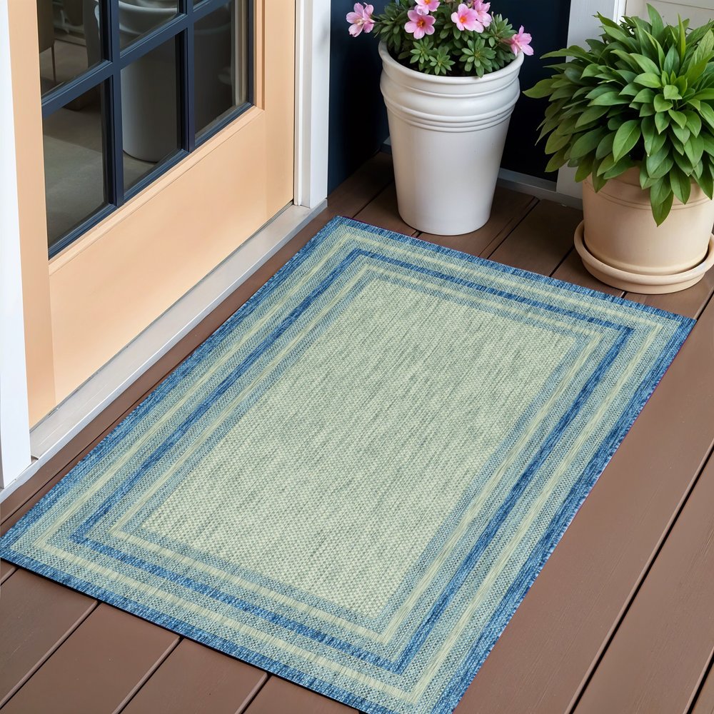3' X 4' Blue And Green Striped Indoor Outdoor Area Rug — view 2