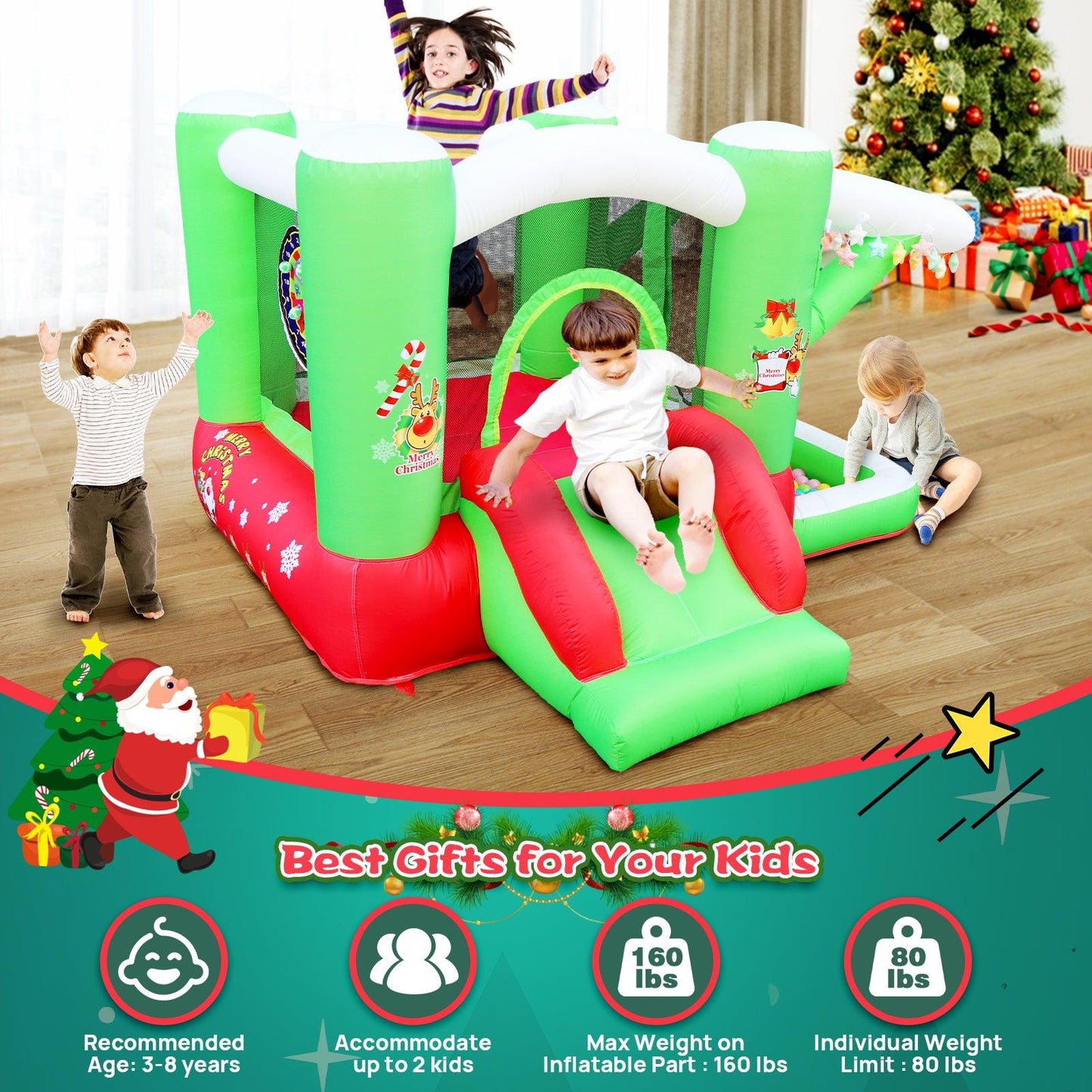 Christmas Jump 'n Slide Inflatable Bouncer for Kids Complete Setup with Blower - 80" x 91" Play Area - 55" Tall - FurniFindUSA