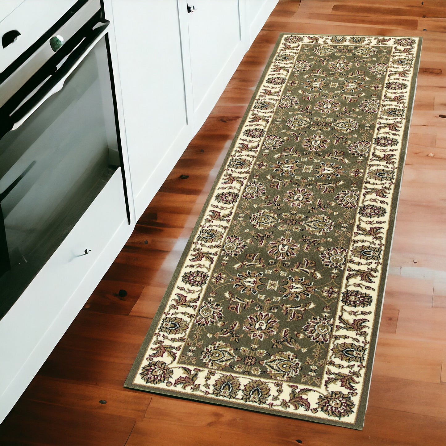 5' X 8' Green Ivory Machine Woven Floral Traditional Indoor Area Rug