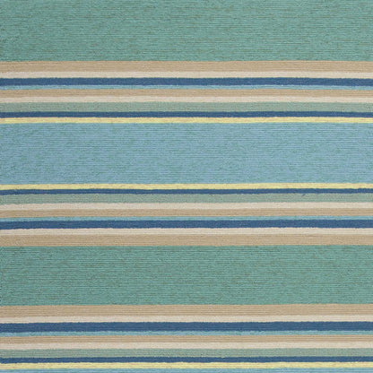 8'X10' Ocean Blue Hand Hooked Uv Treated Awning Stripes Indoor Outdoor Area Rug