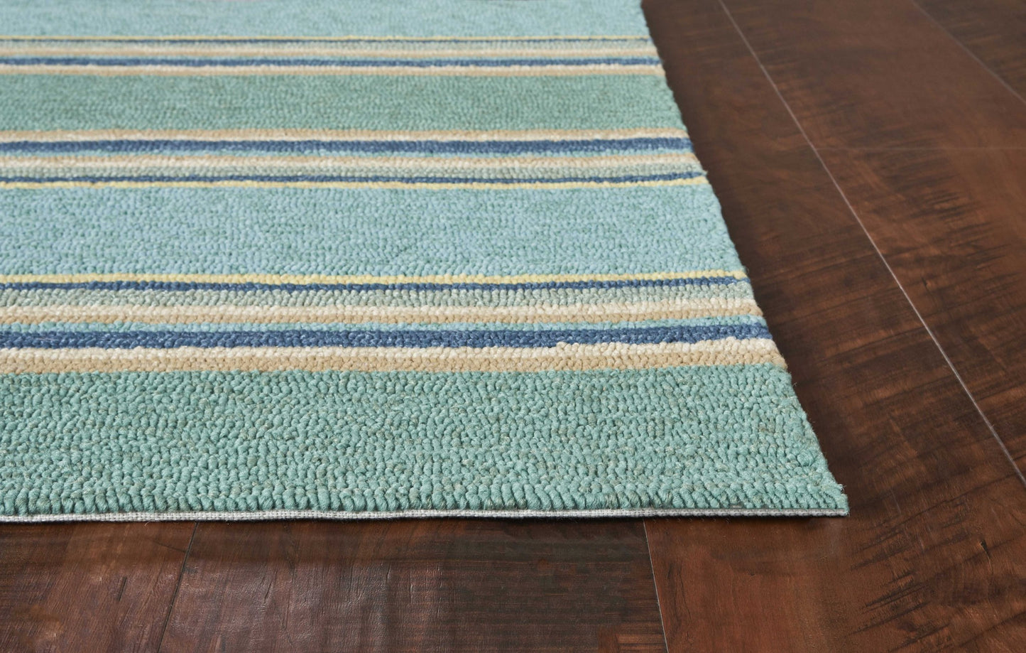 8'X10' Ocean Blue Hand Hooked Uv Treated Awning Stripes Indoor Outdoor Area Rug