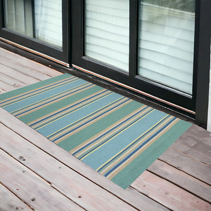 8'X10' Ocean Blue Hand Hooked Uv Treated Awning Stripes Indoor Outdoor Area Rug