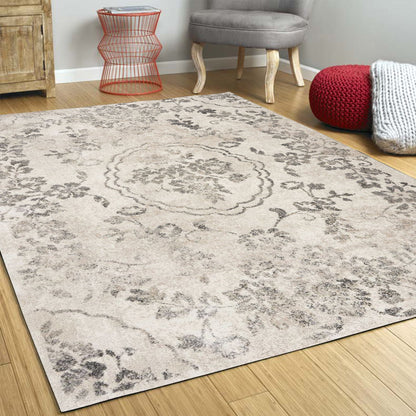 5'X8' Grey Machine Woven Distressed Floral Medallion Indoor Area Rug