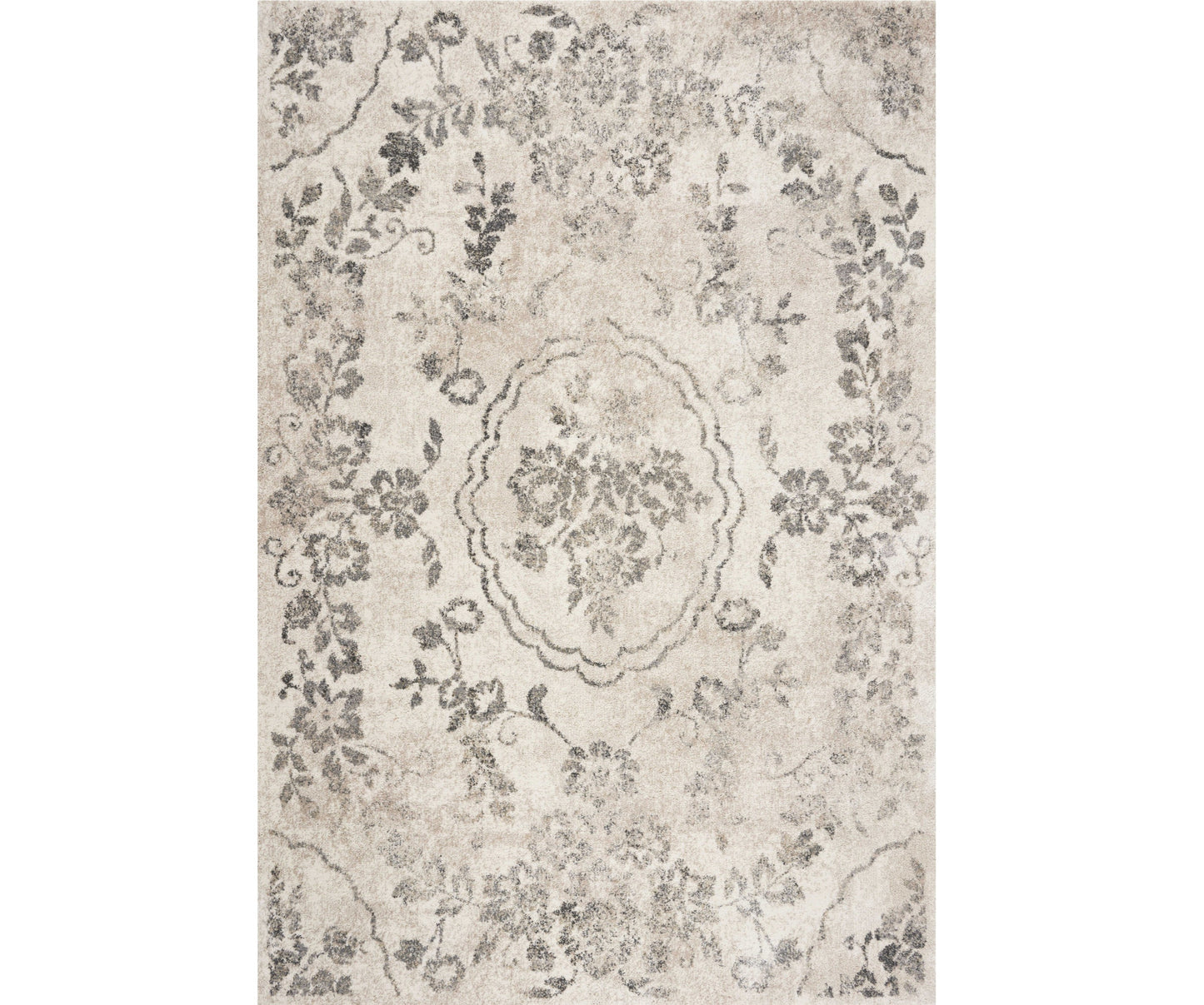 5'X8' Grey Machine Woven Distressed Floral Medallion Indoor Area Rug